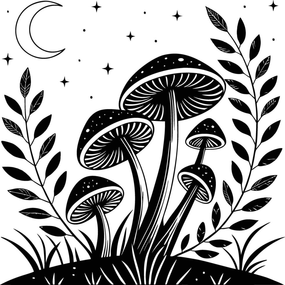 Mushroom Silhouettes with Crescent Moon and Stars in Magical Forest Scene vector