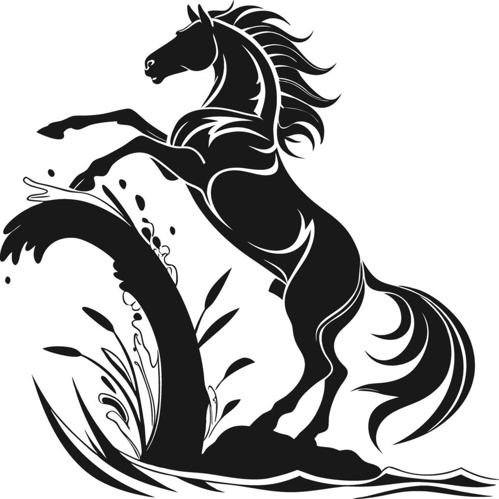 Rearing Horse Silhouette with Flowing Mane and Splashing Water in Tribal Style vector