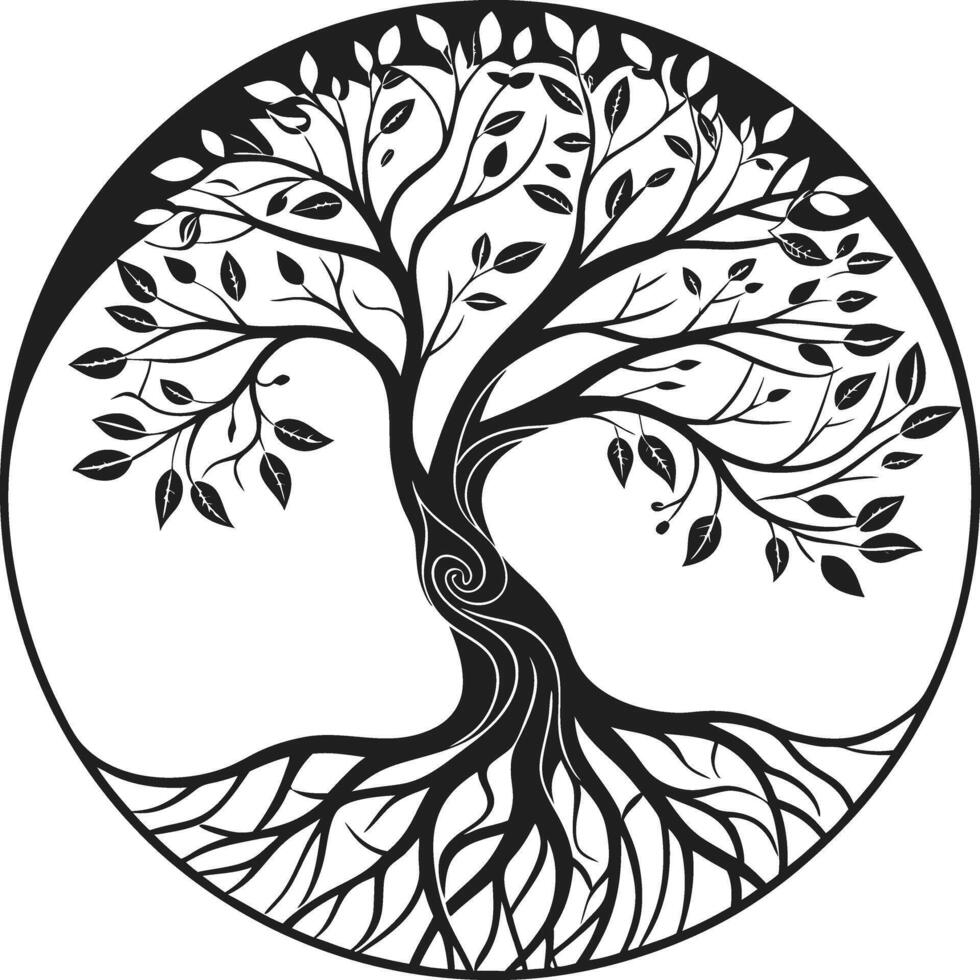 Tree of Life with Intricate Roots and Flowing Branches in Circular Design vector