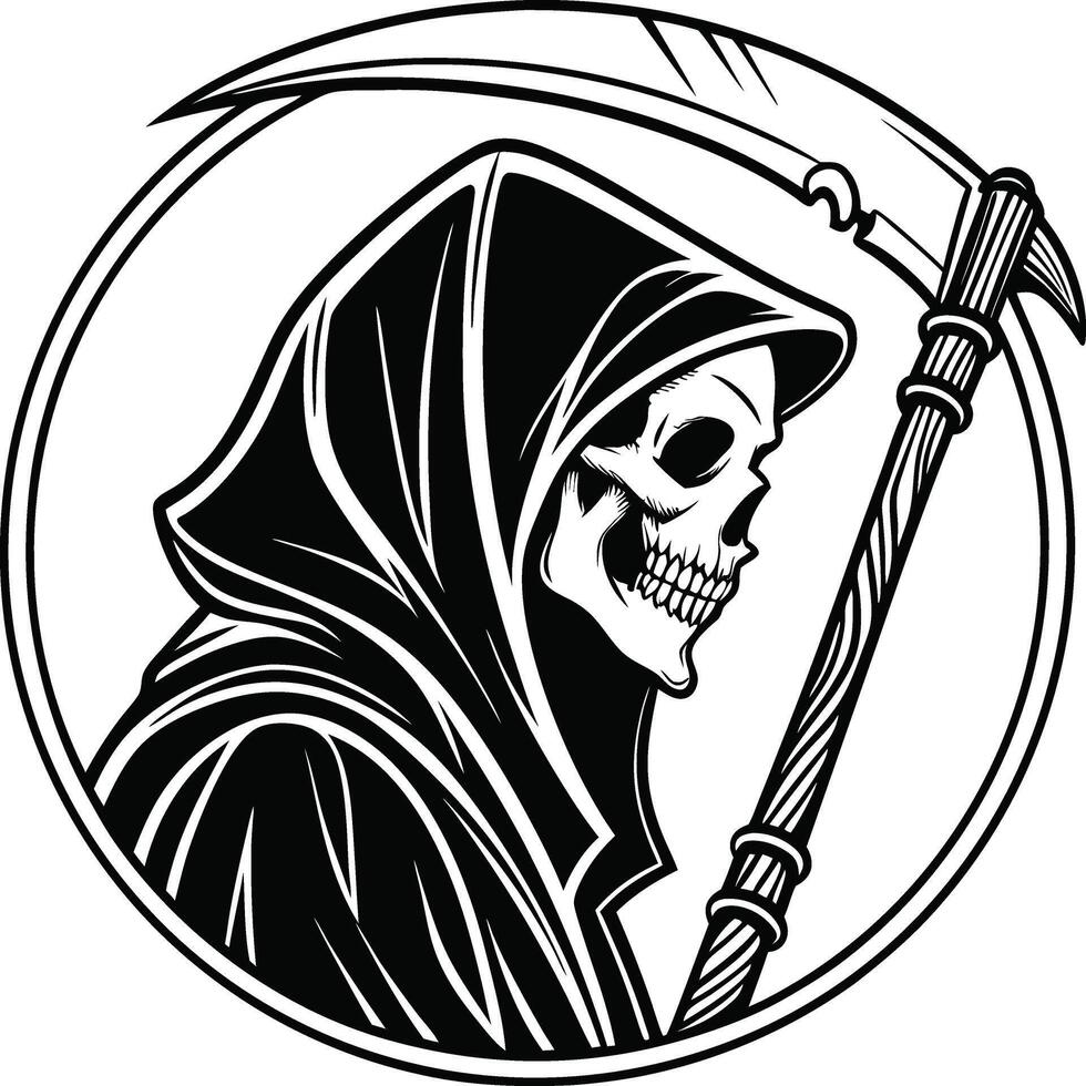 Grim Reaper Icon with Hooded Skeleton and Scythe in Gothic Black and White Circular Design vector