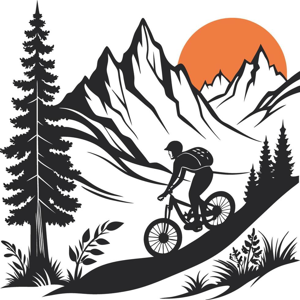 Mountain Biking Silhouette on Rugged Terrain with Sunset and Pine Trees vector