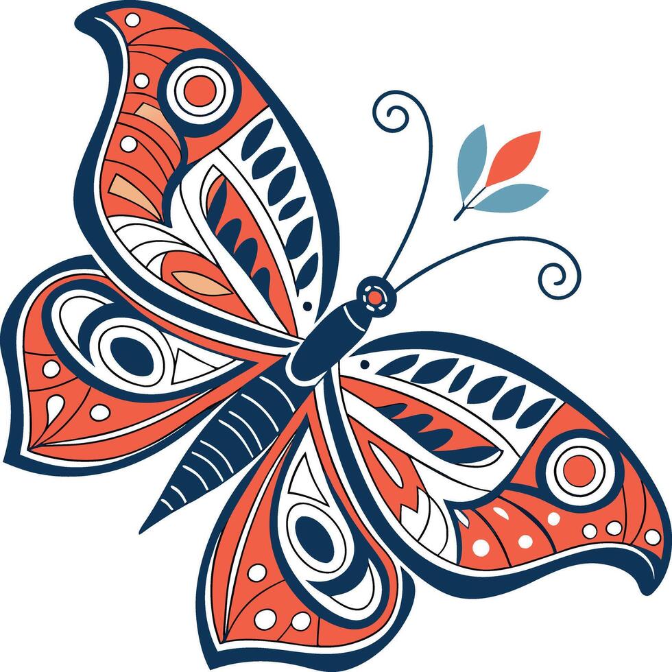 Stylized Butterfly Illustration with Tribal Patterns and Red Blue Color Scheme vector