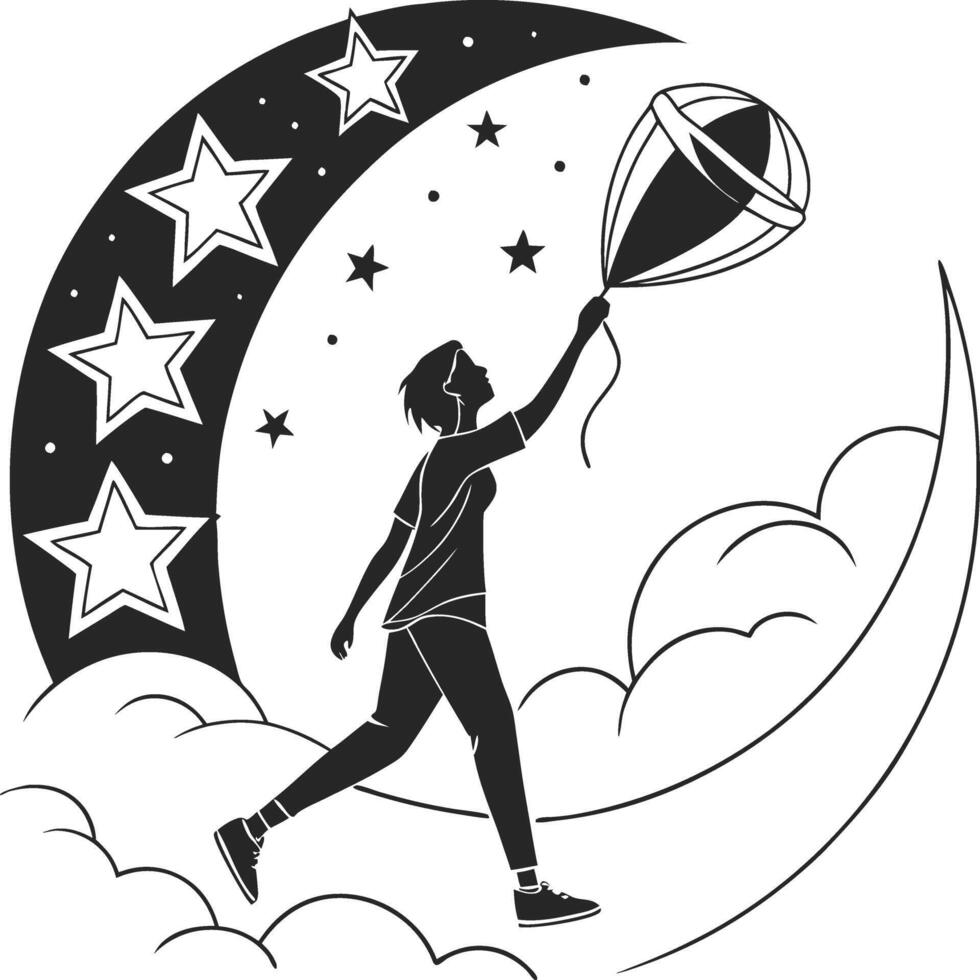 Silhouette of Person Reaching for Hot Air Balloon with Moon and Stars vector