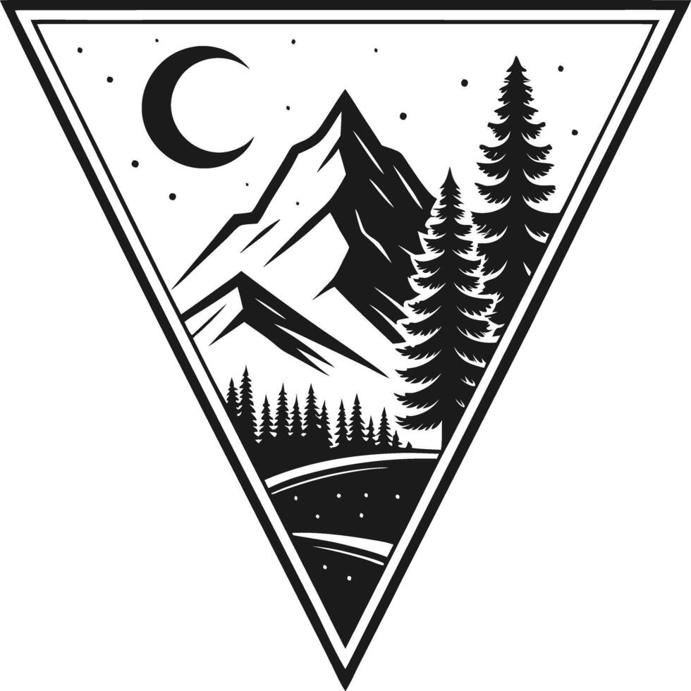 Minimalist Triangle Patch Design with Mountain Landscape and Crescent Moon vector