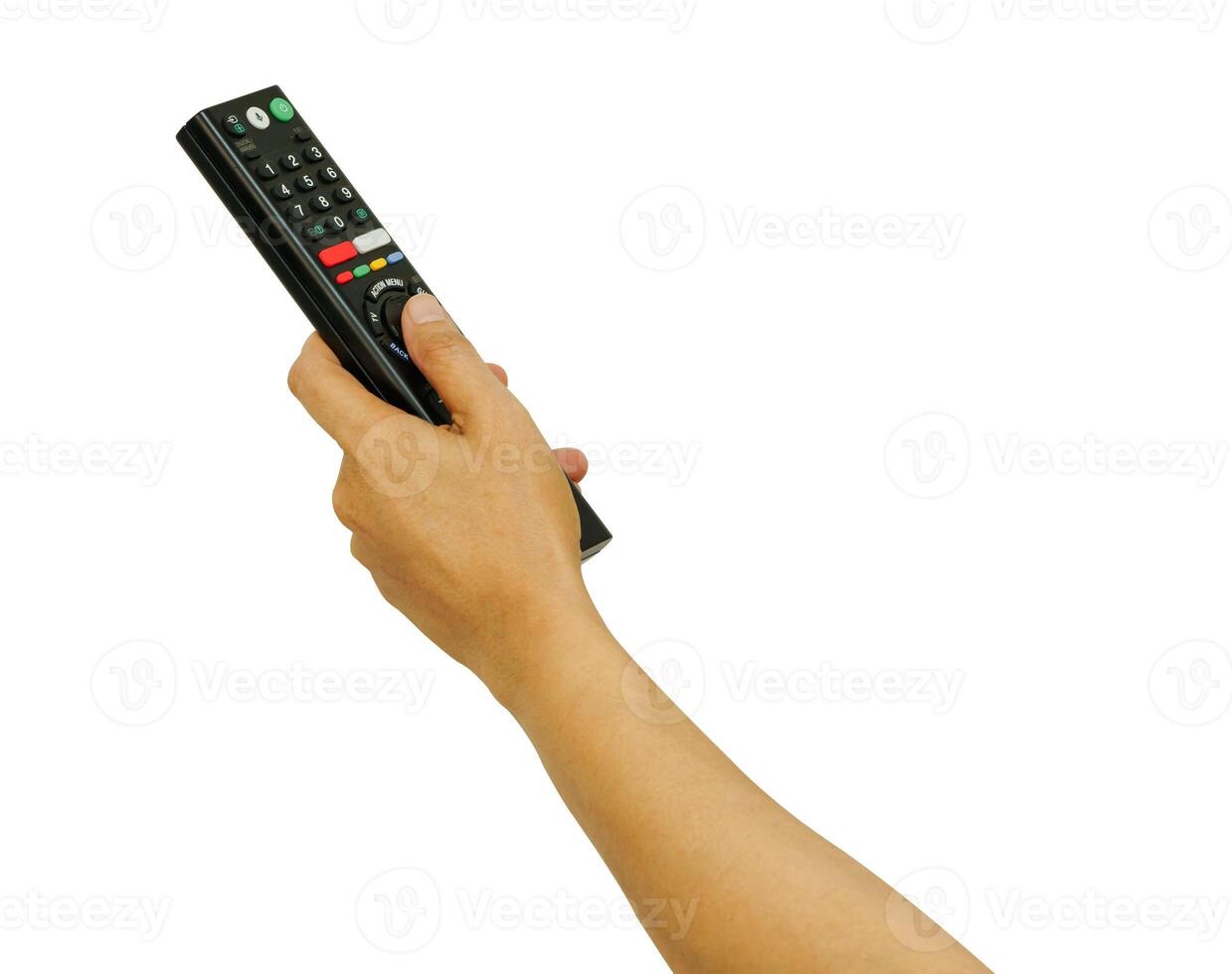 Asian woman use finger of left hand to press button on television remote control isolated on white background with clipping path. photo