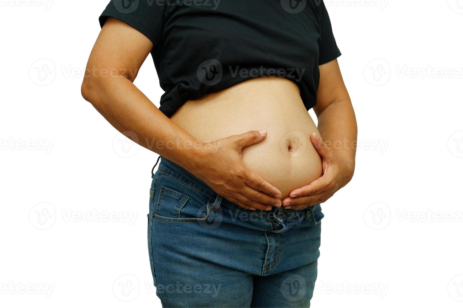 Asian woman show fat belly big size overweight and obesity isolated on photo