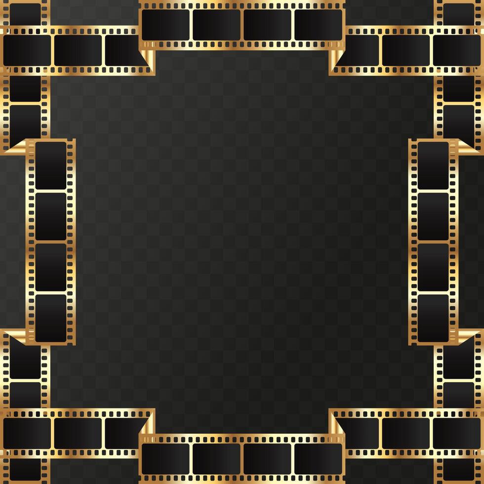 Folded golden movie filmstrip square frame on dark background. Film tape ribbon frame vector