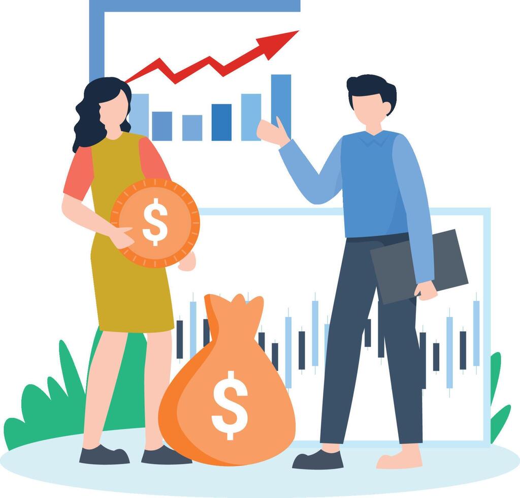 Man talking to woman with coins. vector