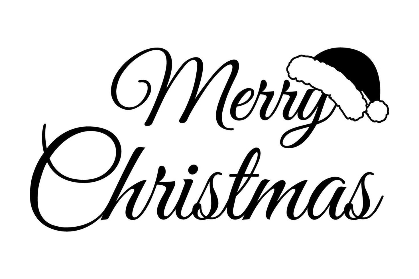 Merry Christmas black text inscription and Santa Hat on letter New Year Greeting design element idea. Isolated illustration Thematic cards, posters, sticker or web promo banner, leaflets, label vector