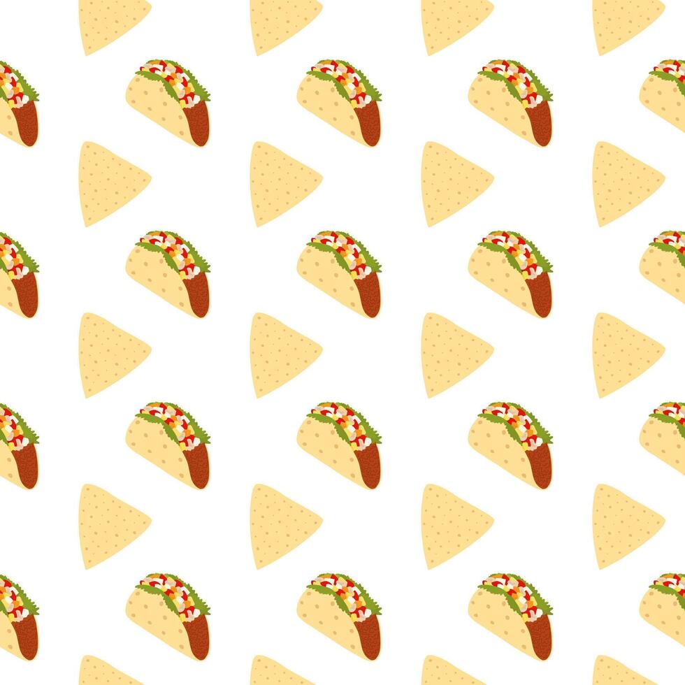 Triangular Tortilla chips Nacho and Taco Seamless pattern Traditional Mexican cuisine backdrop idea. Isolated illustration Wallpaper, wrapping, packing or web promo banner, leaflet, menu card vector
