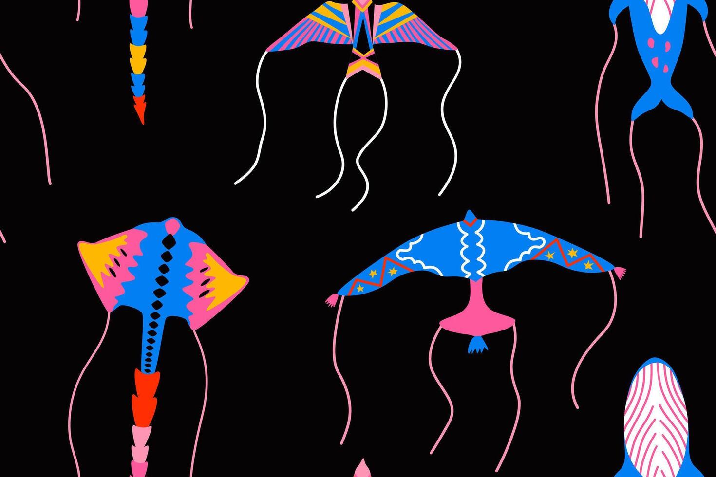 Seamless groovy pattern with flying kites. Print of trendy retro illustration. background for textile, fabric, wrapping. vector