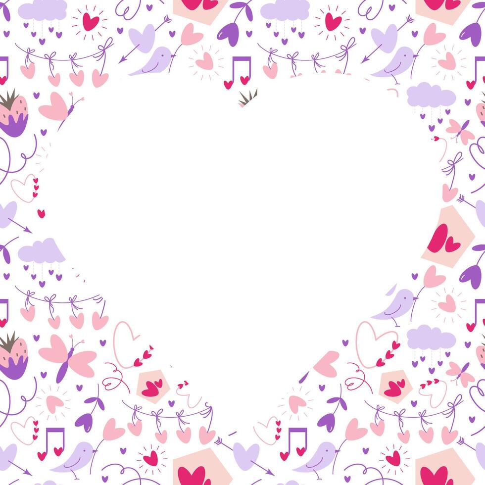 Doodle Valentines day frame, love season or spring pastel background with copy space and heart shape elements. Can be used for packaging, labels, card, banner, invitations, t shirt, bag prints. vector