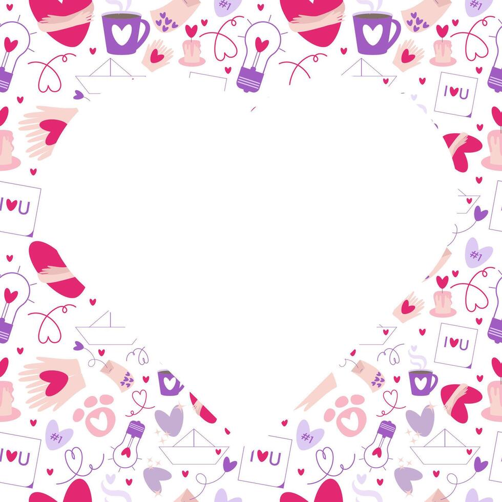 Doodle Valentines day frame, love season pastel background with copy space and heart shape elements. Can be used for packaging, labels, card, banner, invitations prints. vector