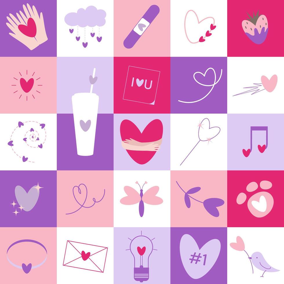 Quilt Valentines day background, love season pastel seamless patchwork pattern with heart shape elements vector