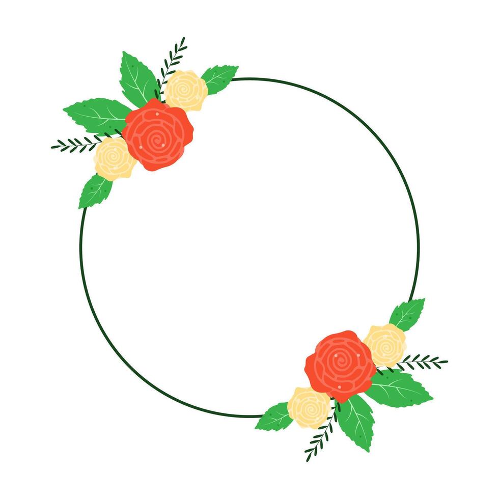 Round floral frame with roses and plant branches for wedding invitations. Minimalistic design. vector