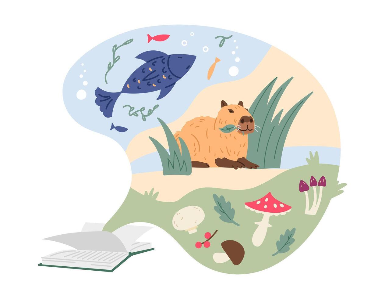 Children open paper book about nature and animals flat illustration isolated on white. Earth science for children book concept. vector