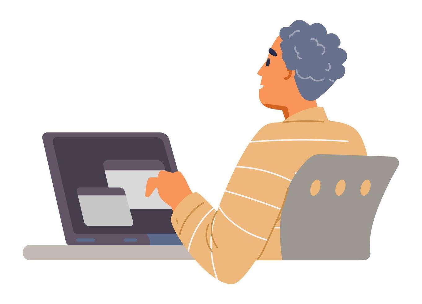 Young man working at laptop sitting back flat illustration isolated on white waist-high. vector
