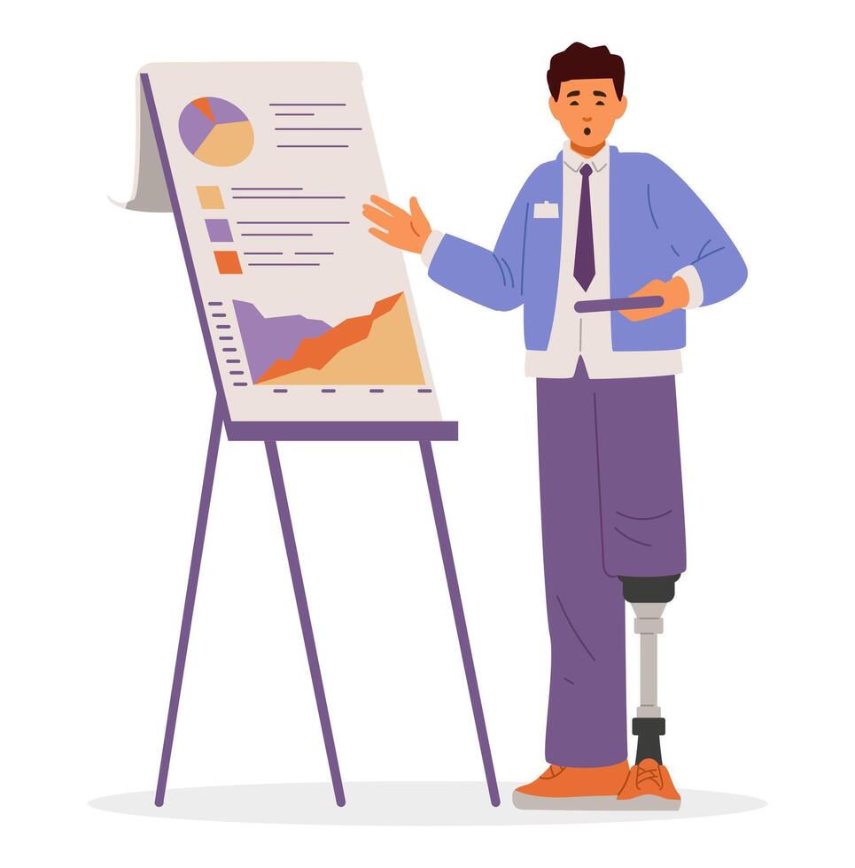 Man with leg prosthesis making business presentation flat illustration isolated on white. Inclusive office concept. vector