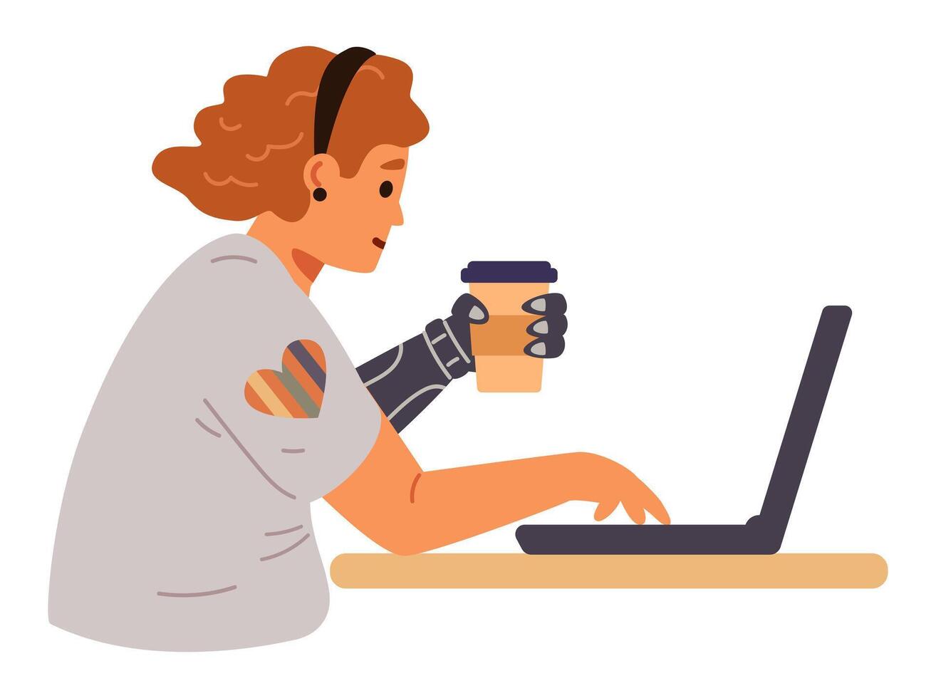Woman with hand prosthesis working at laptop and drinking coffee flat illustration isolated on white. Inclusive workplace concept. vector