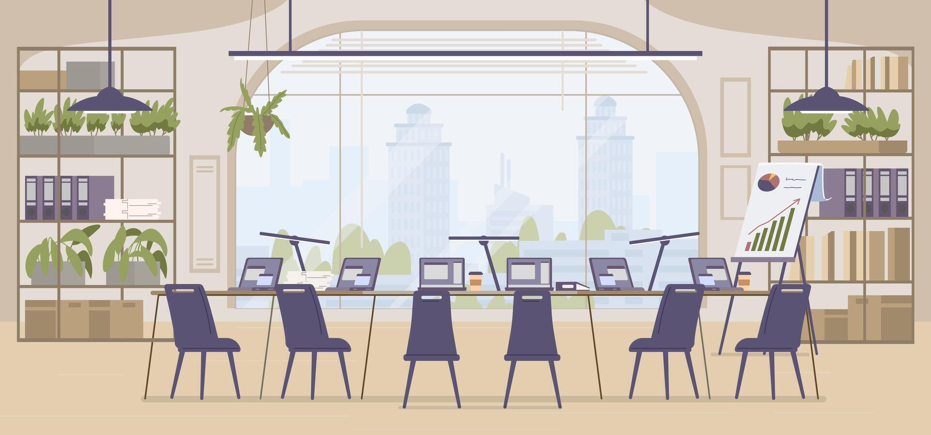 Open space office interior with no people flat illustration. vector