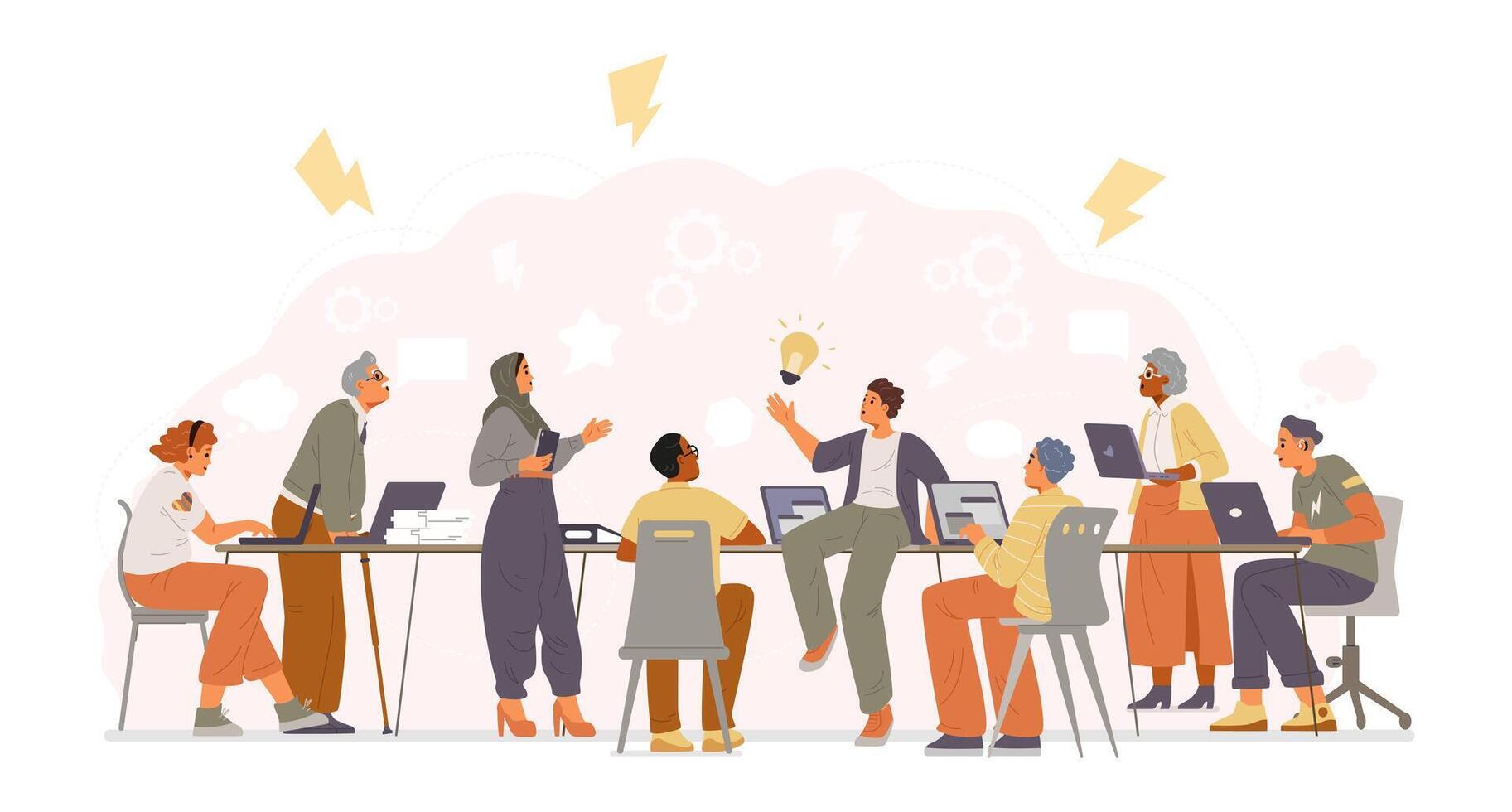Diverse colleagues of different age, gender and ethnicity on a brainstorm sassion flat illustration. Brainstorm concept. vector
