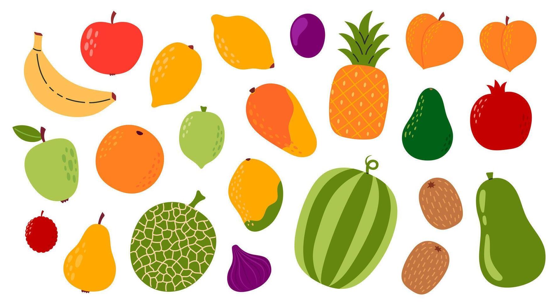 Set of different fruits and berries. Collection of organic vitamins and healthy nutrition. Banana, pineapple, mango, pomegranate, kiwi, melon, peach, watermelon. Flat illustration vector