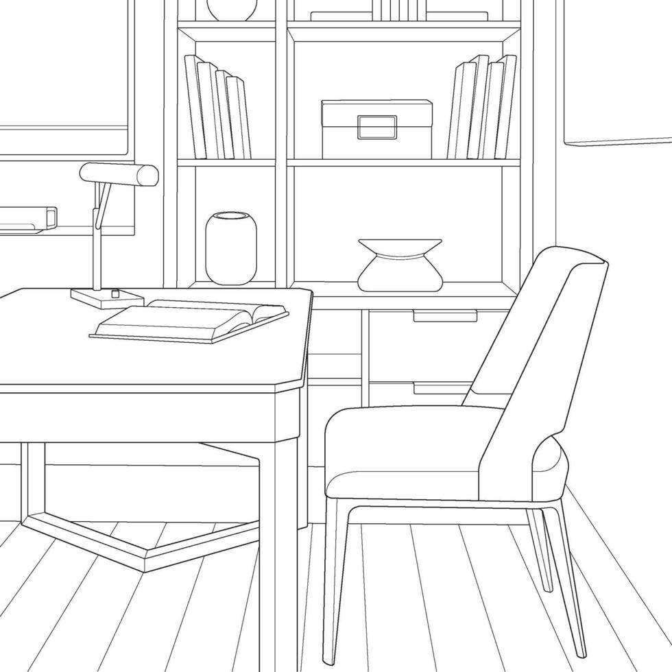a drawing of a home office with a desk and chair vector
