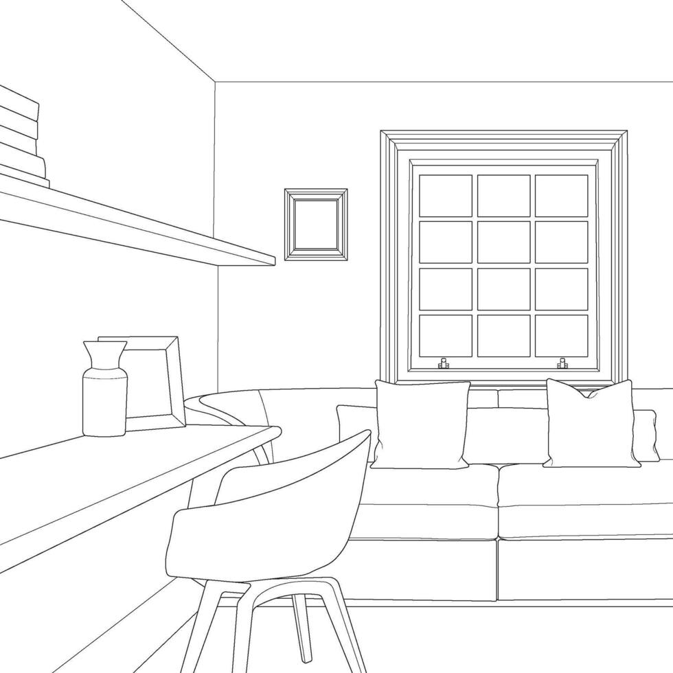 illustration of Interior working space. Drawn working room isolated on white background for design element and coloring book page vector