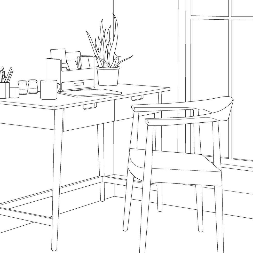 a drawing illustration of a desk and chair in a room vector