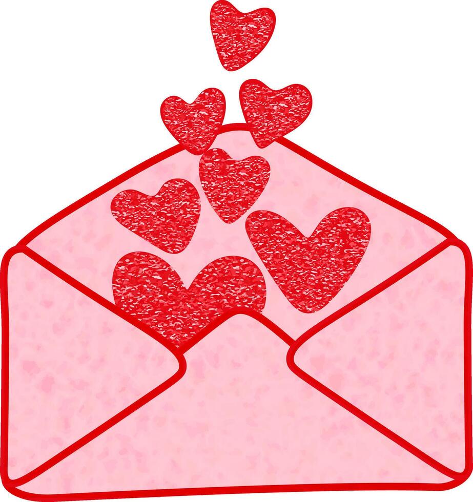 An illustration of an envelope with hearts flying out. The envelope is opened and the hearts, done in a textured style, rise up, creating a feeling of warmth and love. vector