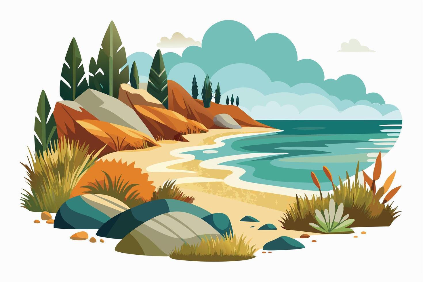 Colorful illustration of a serene beach scene with mountains and rocks. vector