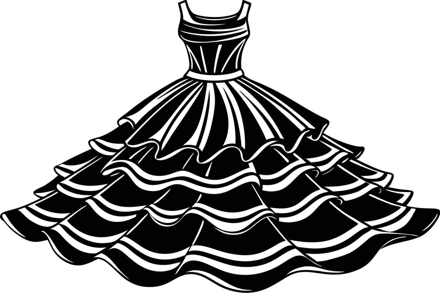 Elegant black and white illustration of a layered ball gown. vector
