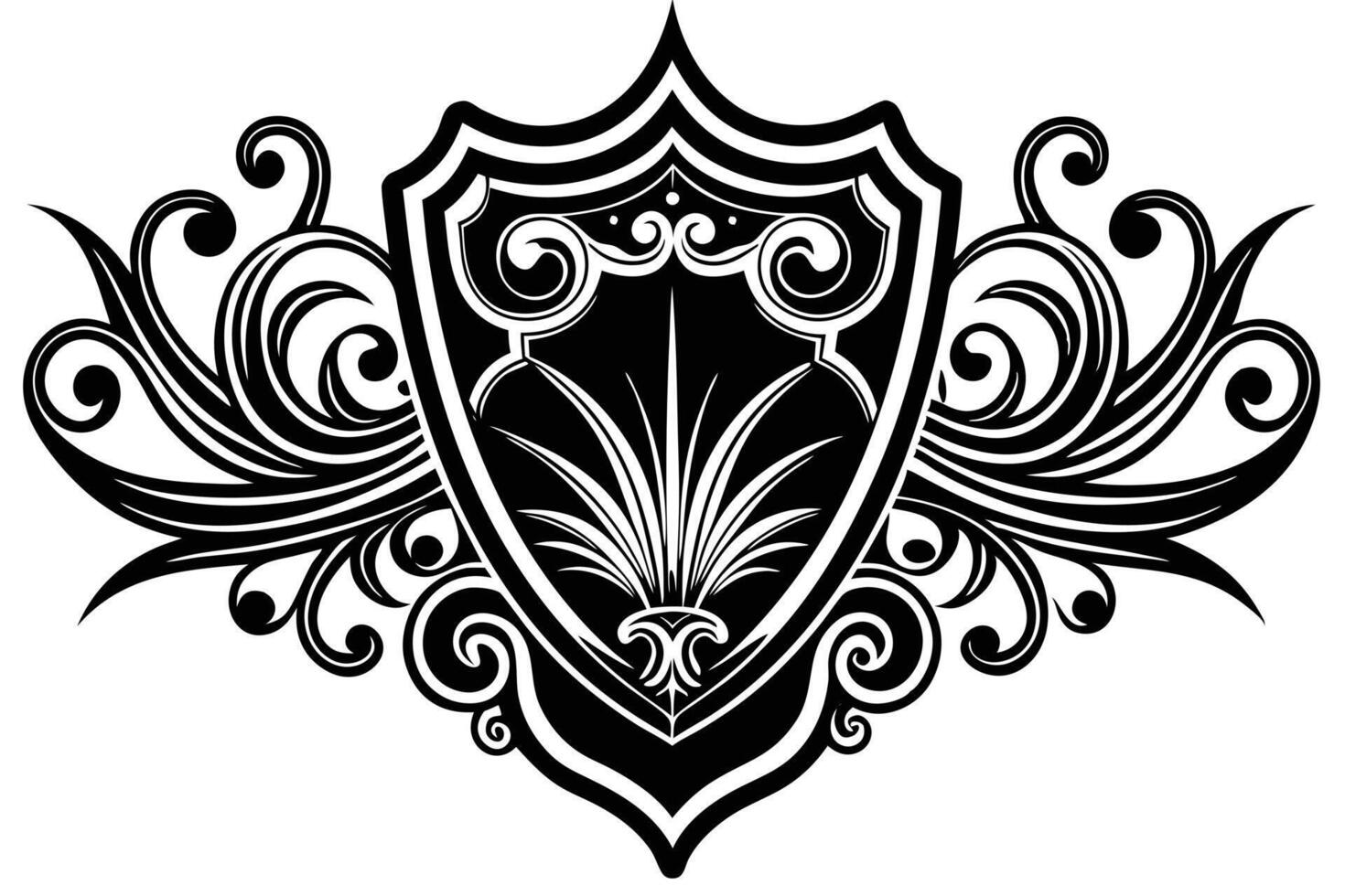 Ornate shield emblem with decorative flourishes vector
