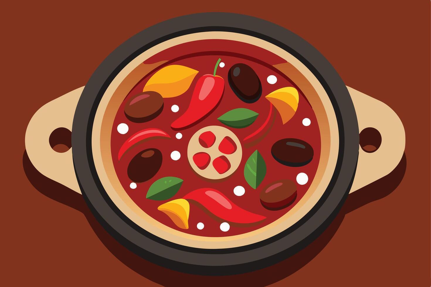 Colorful illustration of a hot pot filled with various ingredients. vector
