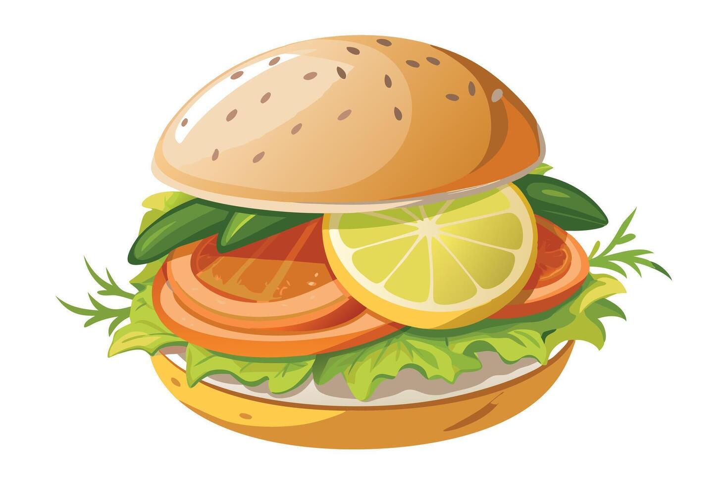 Deliciously illustrated hamburger with ham, lettuce, tomato, and a lime vector