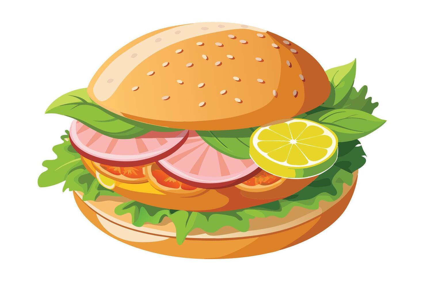 illustrated hamburger with ham, lettuce, tomato, and a lime vector