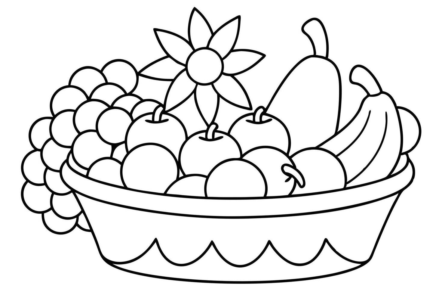 Black and white outline drawing of a fruit basket filled with various fruits. vector