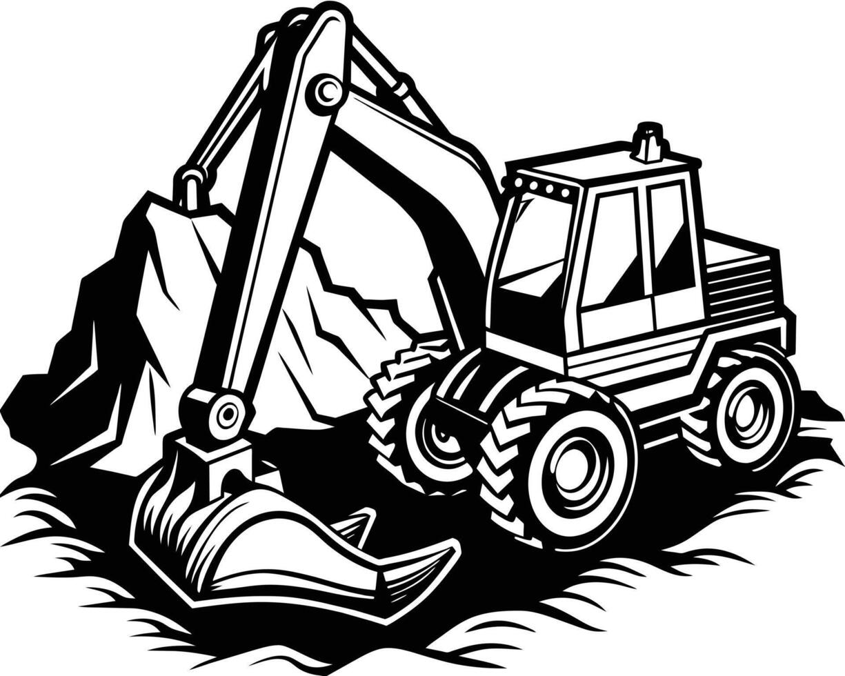 Powerful Excavator in Action, Black and White Illustration vector
