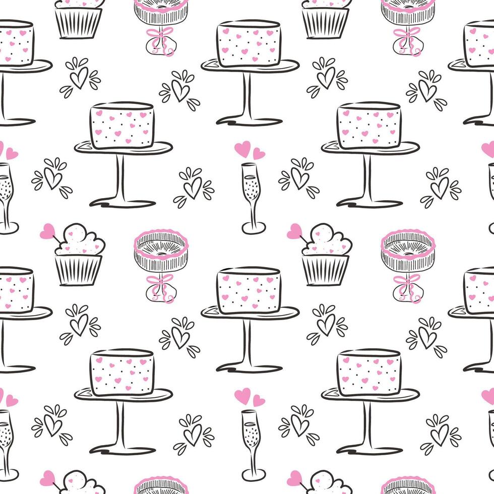 Doodle seamless pattern with cake and elegant glass on white background. vector