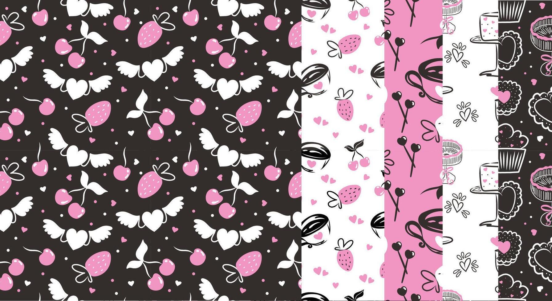 Set of seamless doodle patterns for St Valentine Day. Hand drawn design with hearts, cherry, cake, glass and biscuits. vector