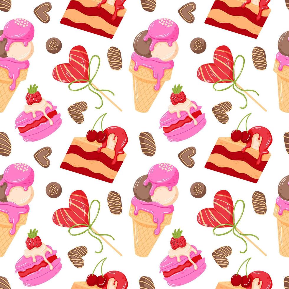 Seamless Valentines Day food pattern with heart shaped candy, chocolate, donut, lollipop and strawberry in cartoon style. Perfect for gift wrapping, cards, textile and romantic design. vector