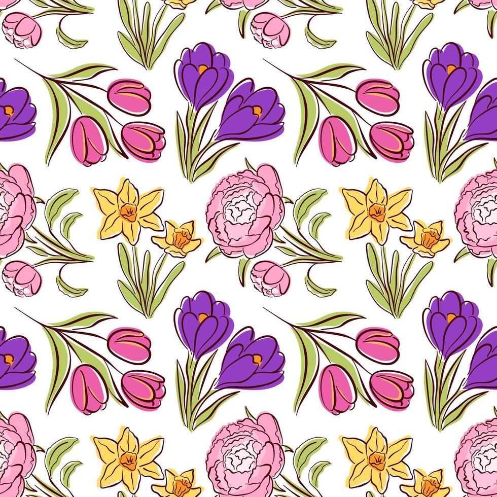 Seamless floral pattern with spring flower tulip, peony, daffodil, and crocus in flat style. Line art botanical design, fabric print and nature background. vector