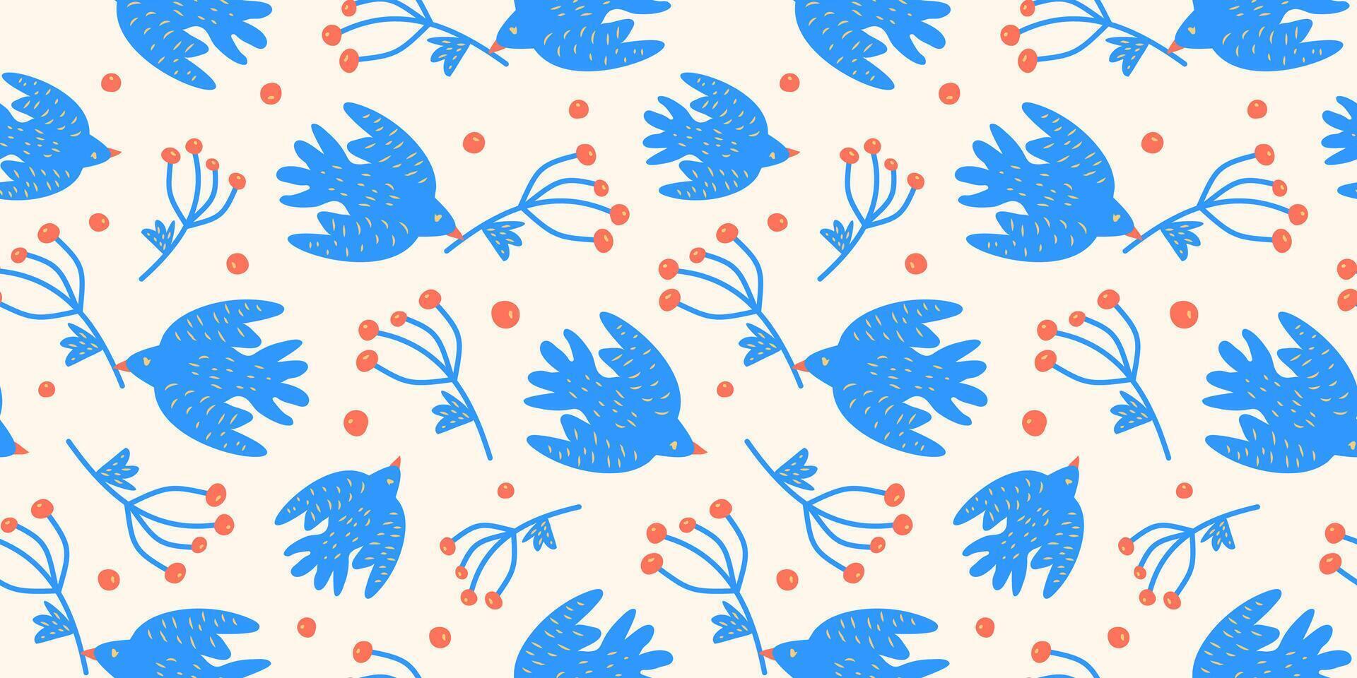 Seamless pattern with hand-drawn birds and tree branches. Pigeons and rowan berries pattern. Retro ornament in Scandinavian style. vector