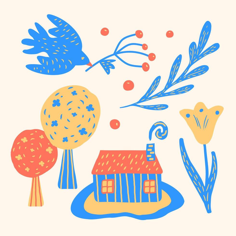 Collection of children spring drawings. drawings of birds, trees, cottage, decorative flowers. Hand-drawn illustrations for decorating childrens books, postcards, stickers, prints. vector