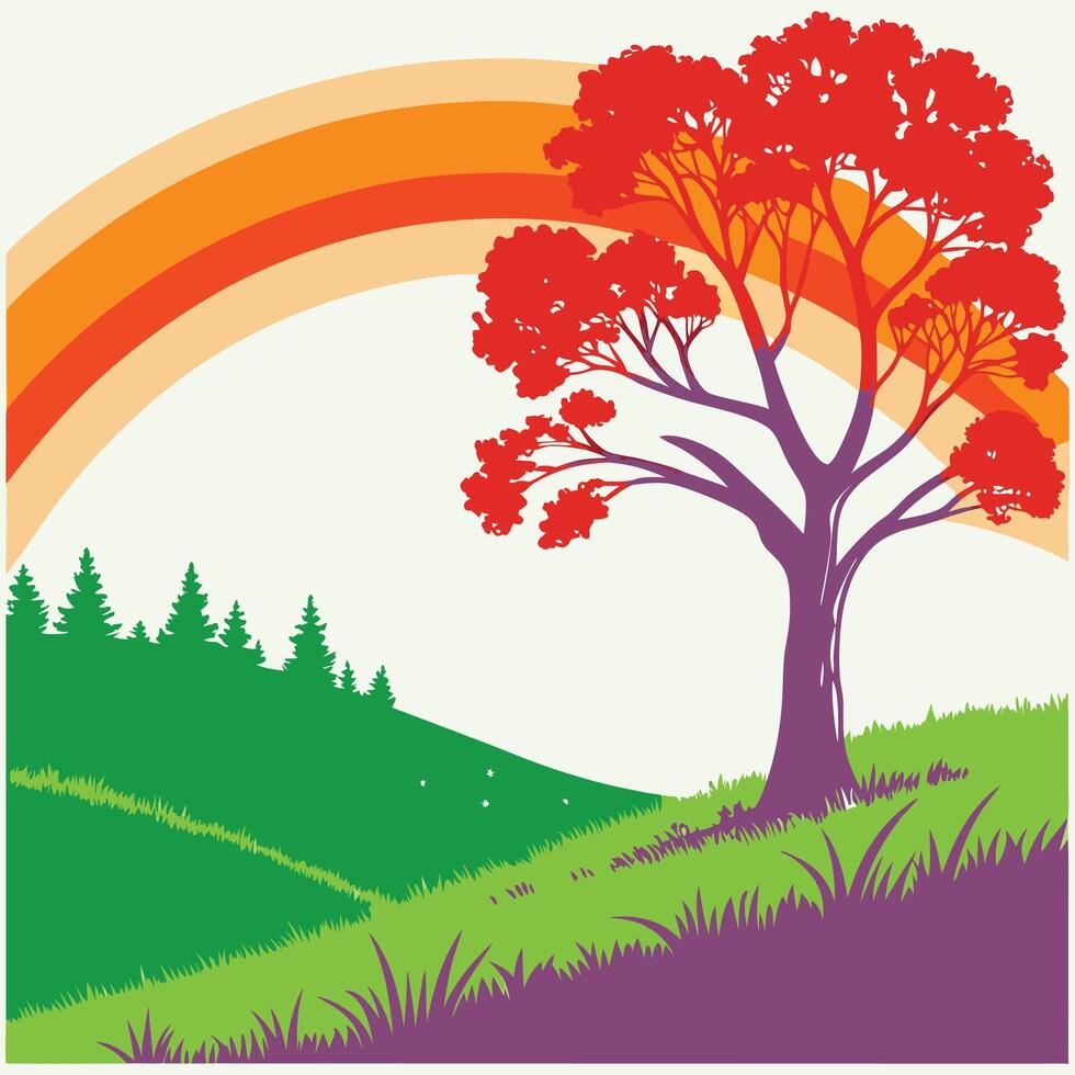 a tree and rainbow in the background vector