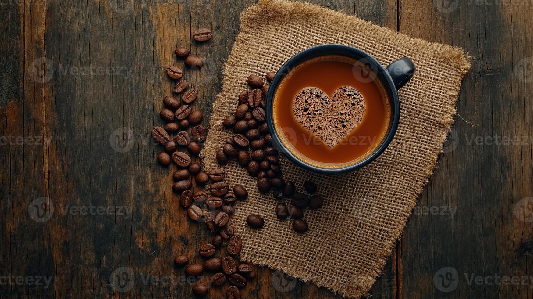Warm Coffee with Heart-Shaped Surface and Beans - Rustic Charm on Old Wooden Surface photo