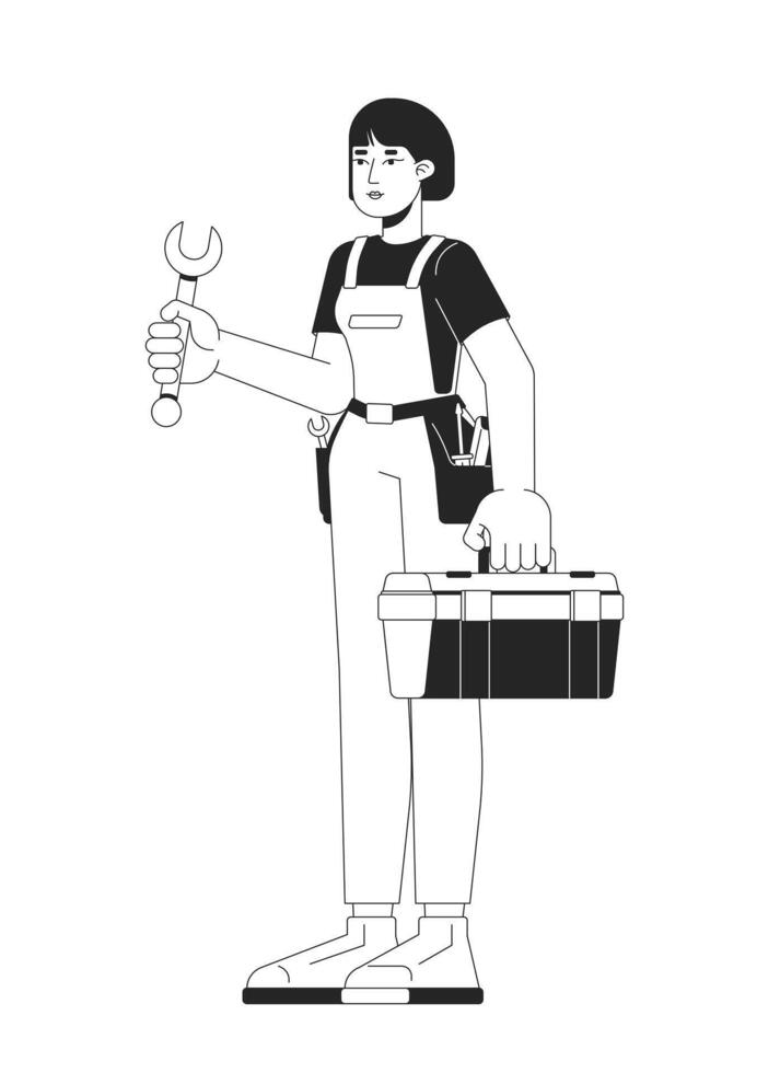 Female mechanic holding wrench and toolbox linear illustration. Repairwoman handywoman. Workshop occupation. Plumber woman asian 2D line character isolated on white. Monochrome outline image vector