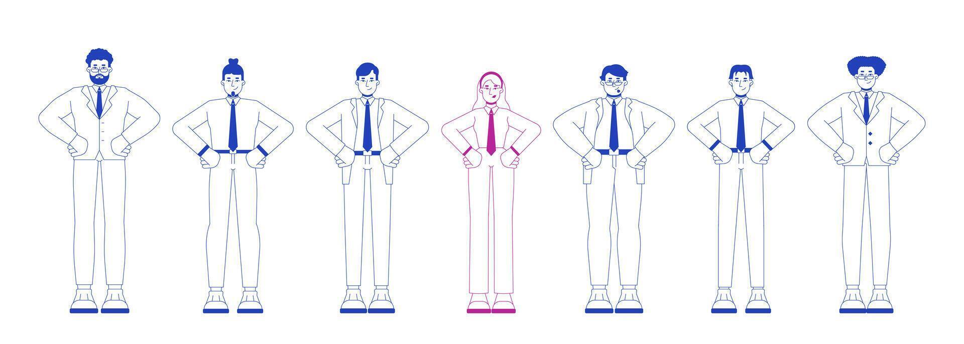 Empowered woman leading business team 2D illustration concept. Workplace diversity. Standing out female professional cartoon characters isolated on white. Metaphor abstract flat graphic vector