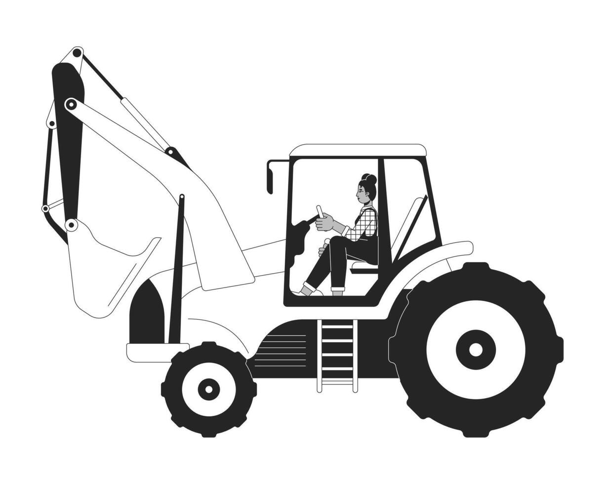 Woman driving excavator linear illustration. Construction worker. Heavy machinery. Black female in overalls operating tractor 2D line character isolated on white. Monochrome outline image vector