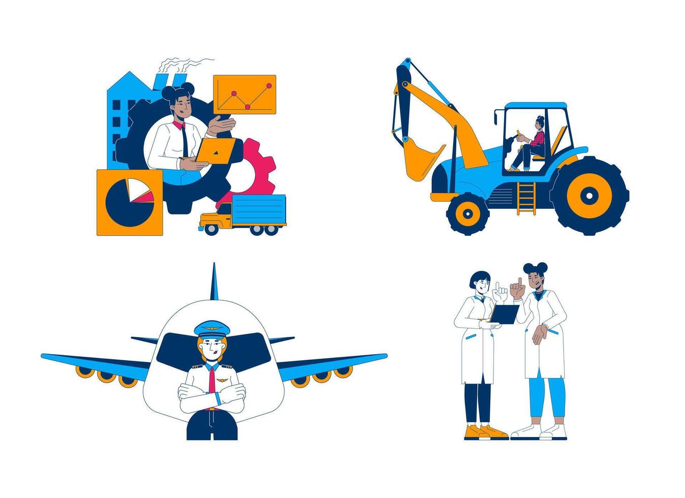 Empowering women in workplace cartoon flat illustrations set. Logistics manager, tractor driver, airline pilot, STEM researchers 2D characters isolated on white. Collection color images vector